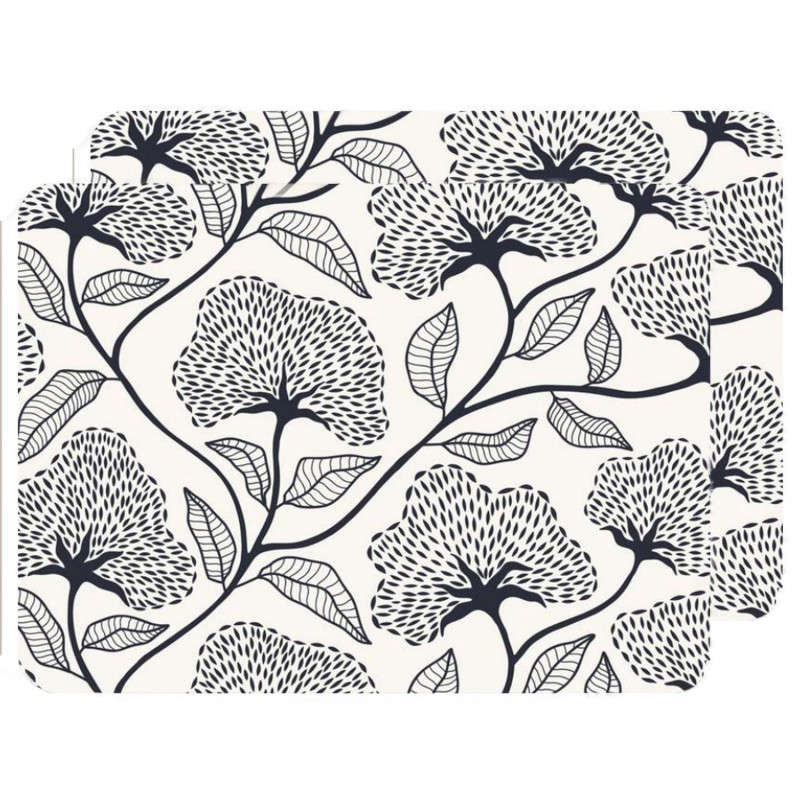 Lot de 2 sets de table motifs ginkgo CASSIA - 28 x 43 cm - Beige et noir