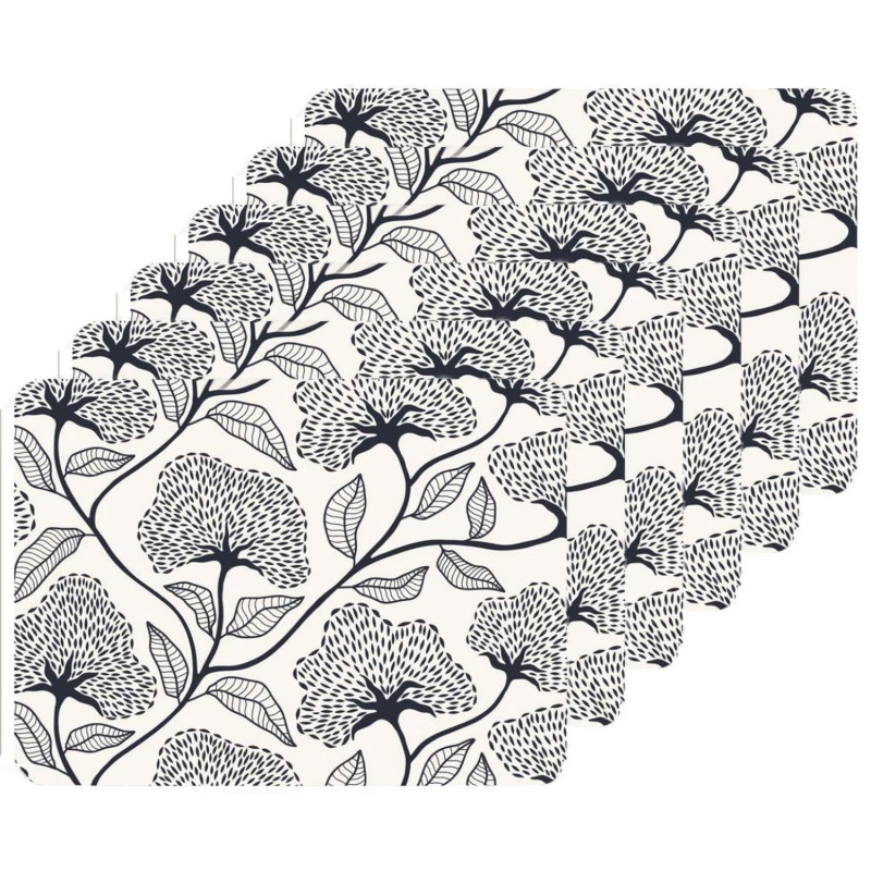 Lot de 6 sets de table motifs ginkgo CASSIA - 28 x 43 cm - Beige et noir