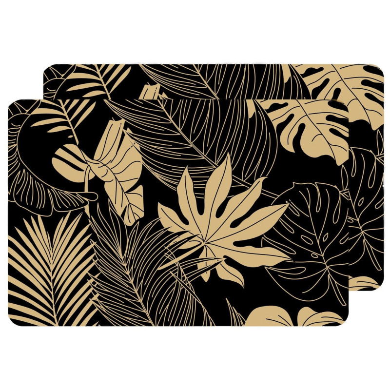 Lot de 2 sets de table motif feuillage avec encre métallique LYRA - 30 x 45 cm - Or et noir