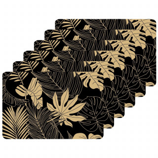 Lot de 6 sets de table motif feuillage avec encre métallique LYRA - 30 x 45 cm - Or et noir
