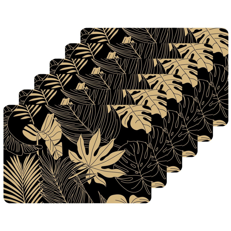 Lot de 6 sets de table motif feuillage avec encre métallique LYRA - 30 x 45 cm - Or et noir