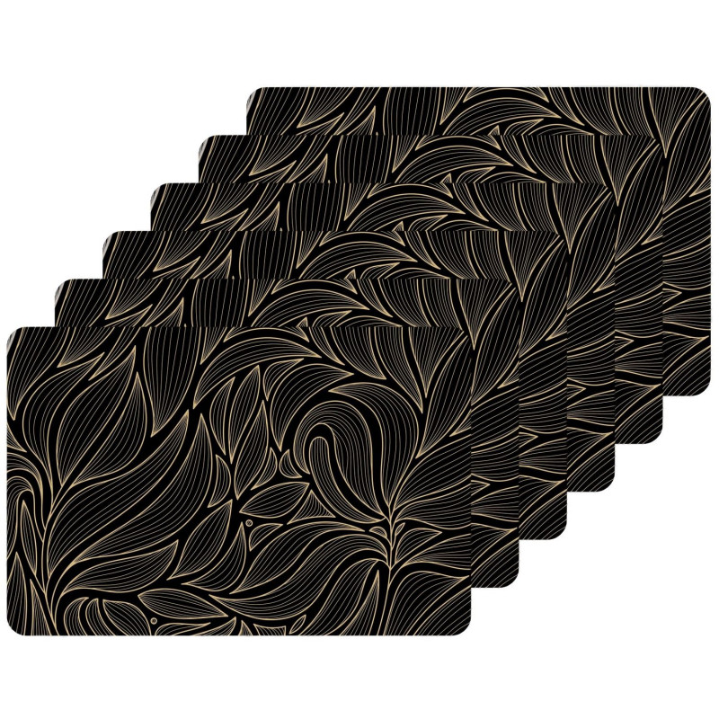 Lot de 6 sets de table motif feuillage avec encre métallique COSMO - 30 x 45 cm - Or et noir