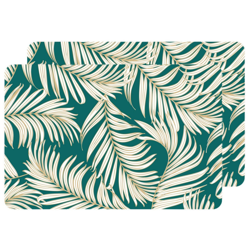Lot de 2 sets de table motif feuillage avec encre métallique ARLO - 30 x 45 cm - Or et vert