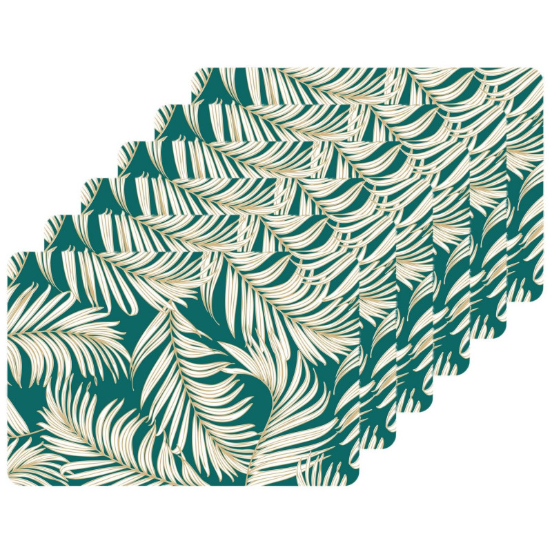 Lot de 6 sets de table motif feuillage avec encre métallique ARLO - 30 x 45 cm - Or et vert