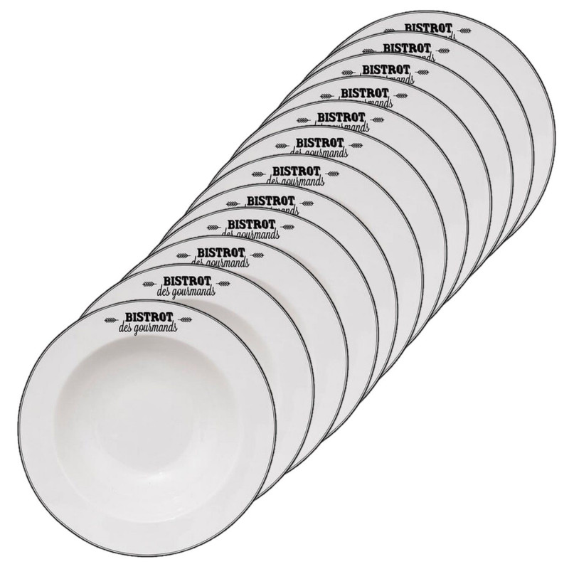 Lot de 12 assiettes à pâtes "Bistrot des gourmands" - Blanc