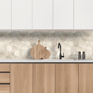 Crédence adhésive hexagonale effet Travertin - 32,6 x 27,4 cm - Beige