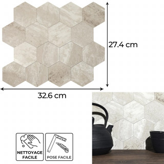 Crédence adhésive hexagonale effet Travertin - 32,6 x 27,4 cm - Beige