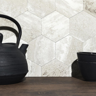 Crédence adhésive hexagonale effet Travertin - 32,6 x 27,4 cm - Beige