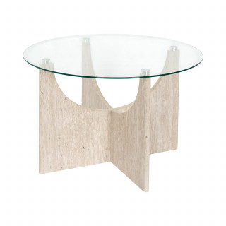 Table basse ronde effet travertin et verre PIETRA - Beige