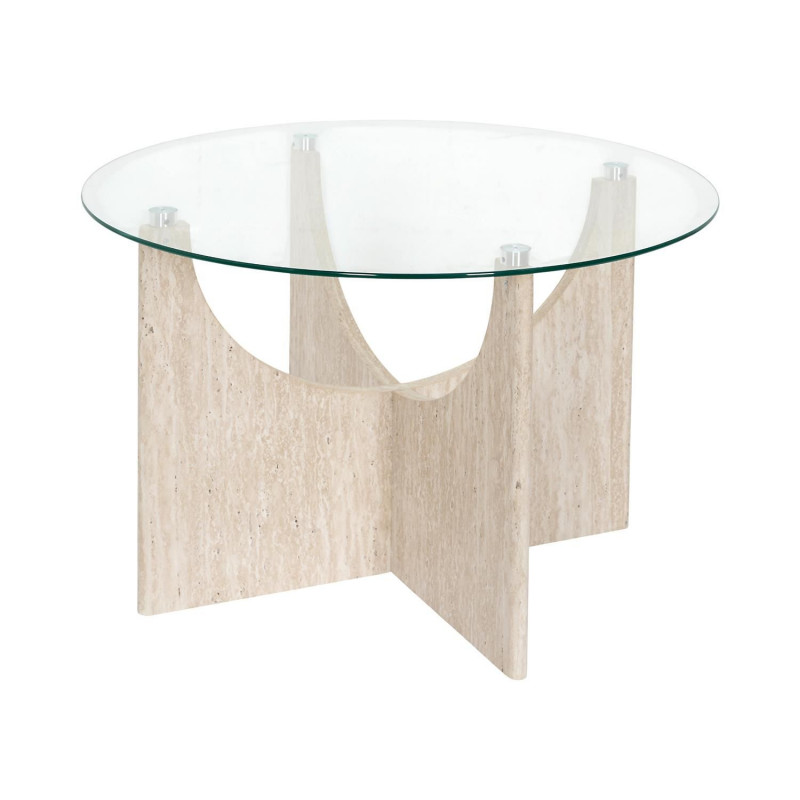 Table basse ronde effet travertin et verre PIETRA - Beige