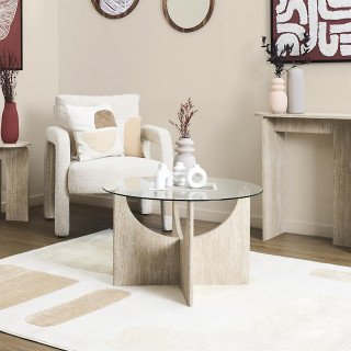 Table basse ronde effet travertin et verre PIETRA - Beige