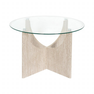 Table basse ronde effet travertin et verre PIETRA - Beige