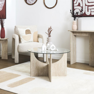 Table basse ronde effet travertin et verre PIETRA - Beige