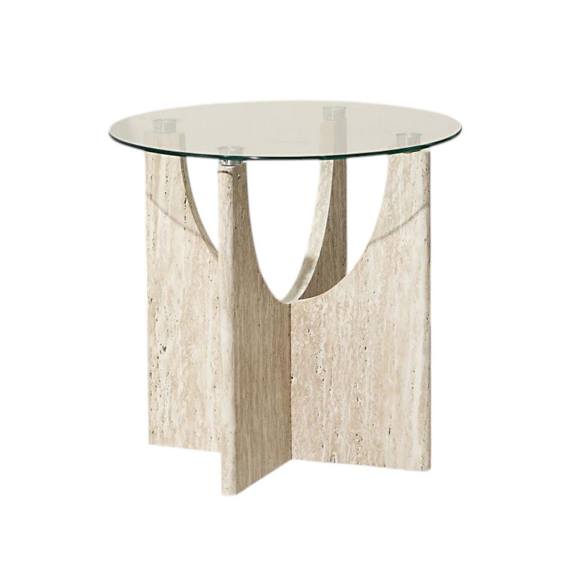 Table d'appoint ronde effet travertin et verre PIETRA - Beige