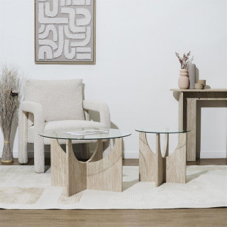 Table d'appoint ronde effet travertin et verre PIETRA - Beige