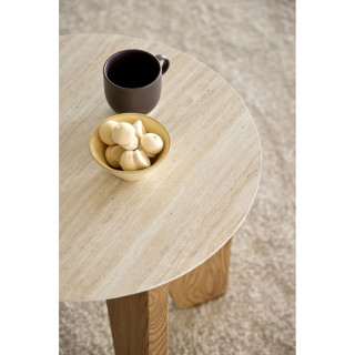 Table d'appoint ronde plateau effet travertin et pieds bois naturel – LIMA