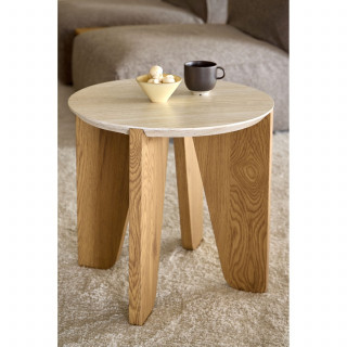 Table d'appoint ronde plateau effet travertin et pieds bois naturel – LIMA