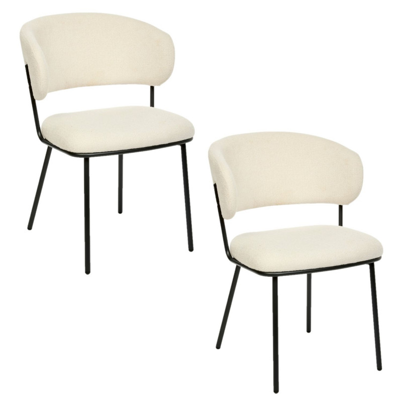 Lot de 2 chaises en tissu chenille et pieds métal ALBA - Ivoire et noir