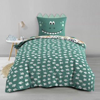 Parure de lit enfant réversible DINO - Coton 42 fils/cm² - 140 x 200 cm - Vert