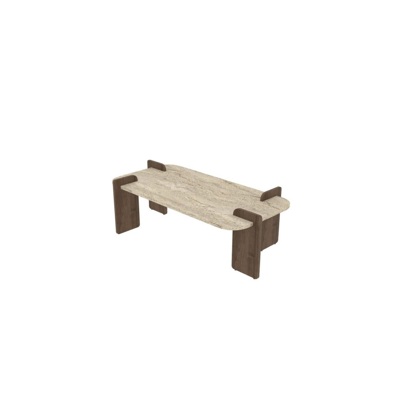 Table basse effet travertin et bois foncé ROMANE - Marron et beige