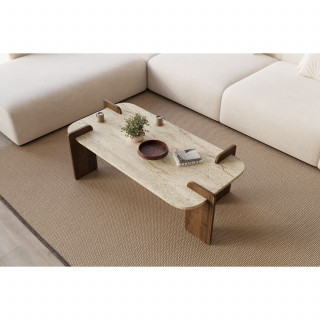 Table basse effet travertin et bois foncé ROMANE - Marron et beige