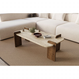 Table basse effet travertin et bois foncé ROMANE - Marron et beige