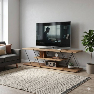 Meuble TV industriel en métal et bois marron - CANAZ mise en situation