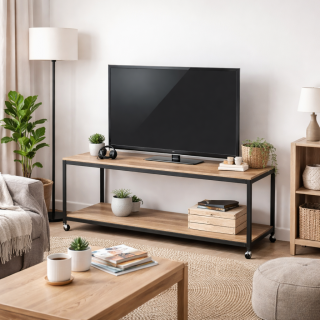 Meuble TV Factory avec 4 roulettes - Bois et noir