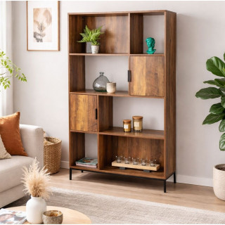 Bibliothèque 4 niveaux avec 2 portes effet noyer JOYA - Marron