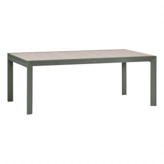 Table de jardin extensible en aluminium effet bois 12 places EVASION - Lin et vert laurier