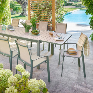Table de jardin extensible en aluminium effet bois 12 places EVASION - Lin et vert laurier