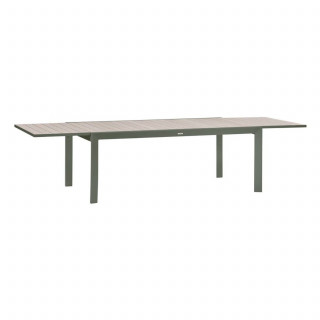 Table de jardin extensible en aluminium effet bois 12 places EVASION - Lin et vert laurier