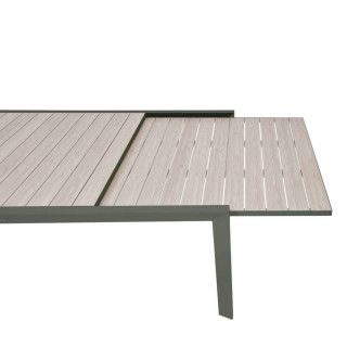 Table de jardin extensible en aluminium effet bois 12 places EVASION - Lin et vert laurier