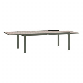 Table de jardin extensible en aluminium effet bois 12 places EVASION - Lin et vert laurier