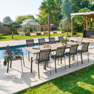 Table de jardin extensible en aluminium effet bois 10 places PAVANE - Truffe et graphite