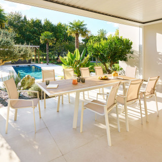 Table de jardin extensible en aluminium effet bois 10 places PAVANE - Malte et argile