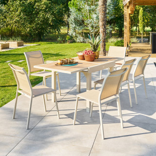 Table de jardin extensible en aluminium effet bois 8 places PIAZZA - Epeautre et argile