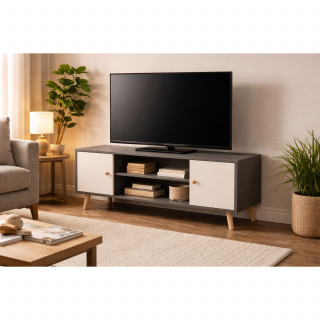 Meuble TV design Samy - L. 120 x H. 50 cm - Blanc et gris foncé