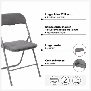 Lot de 2 chaises pliantes effet velours - Gris foncé
