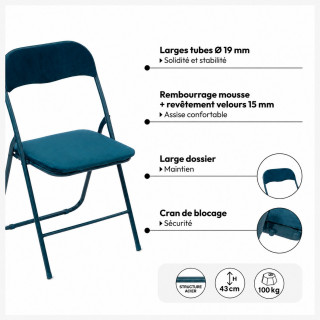 Lot de 2 chaises pliantes effet velours - Bleu carnard
