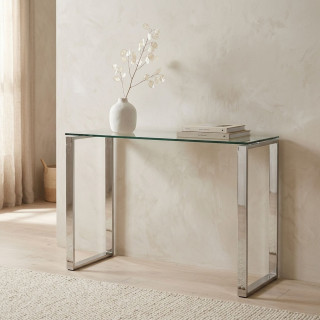 Console plateau verre et pieds en métal chromé - APOLLINE