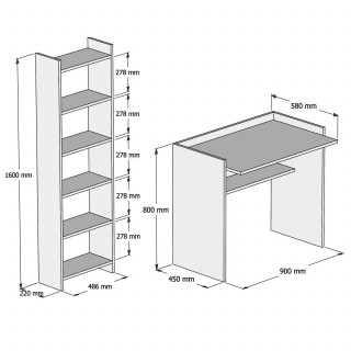 Ensemble bureau avec bibliothèque intégrée 6 niveaux MILAN - Blanc