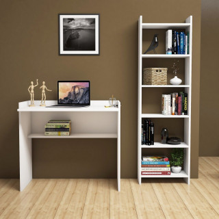 Ensemble bureau avec bibliothèque intégrée 6 niveaux MILAN - Blanc