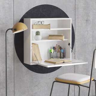 Bureau mural rabattable avec 2 étagères intégrées TULUM - Blanc
