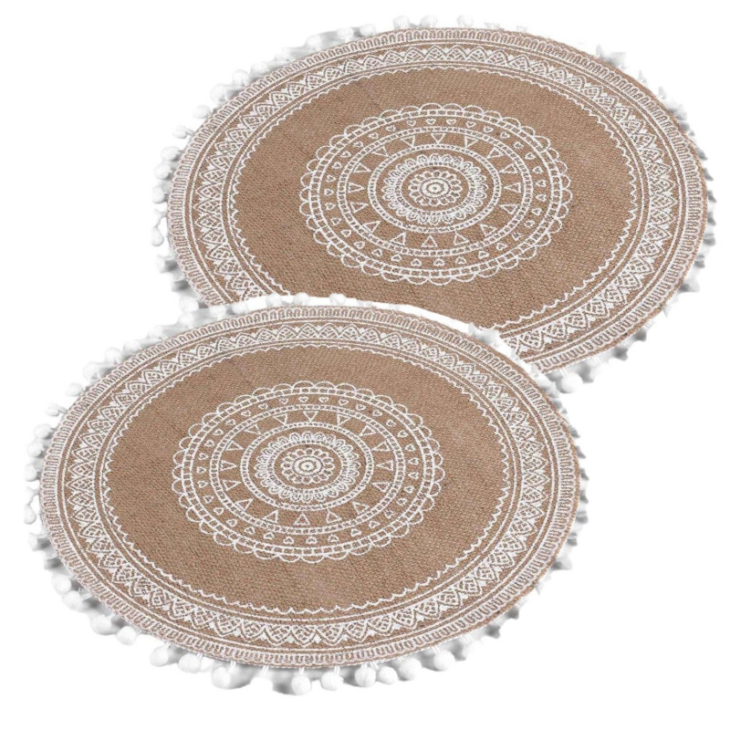 Lot de 2 sets de table en jute avec pompons AZUSA - Blanc
