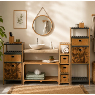 Lot de 2 boîtes de rangement imprimé tropical en bambou et tissu - L.31 x l.31 x H.31 cm - Marron