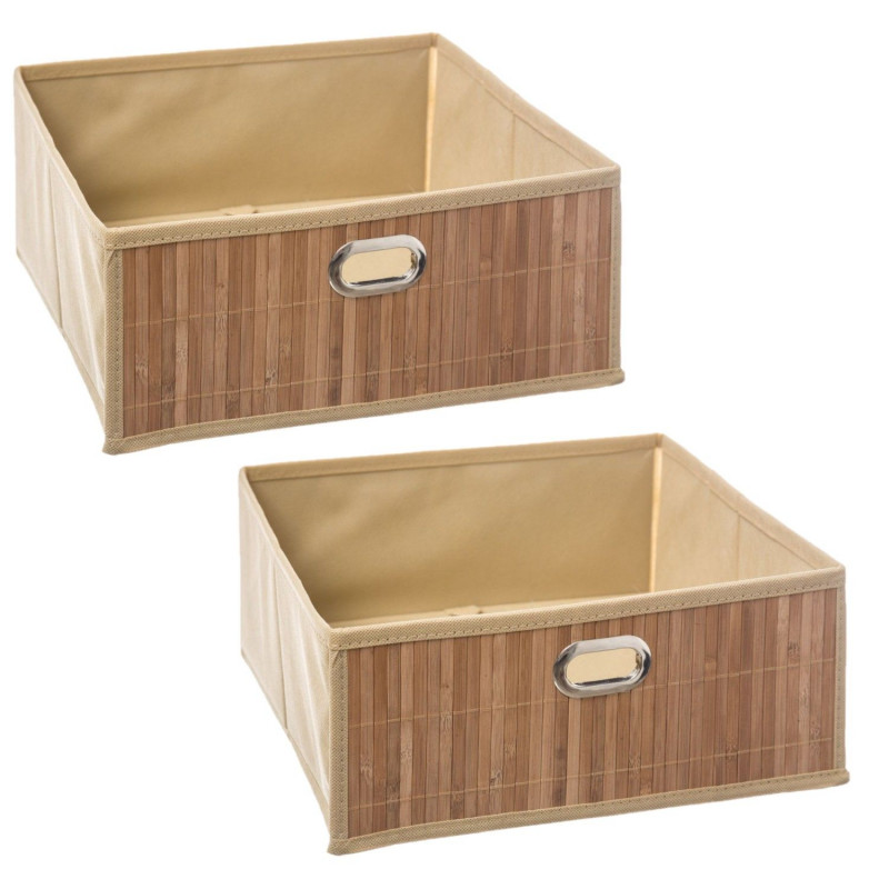 Lot de 2 boîtes de rangement en bambou et tissu MIX'N MODUL - L.31 x l.31 x H.14.5 cm - Marron