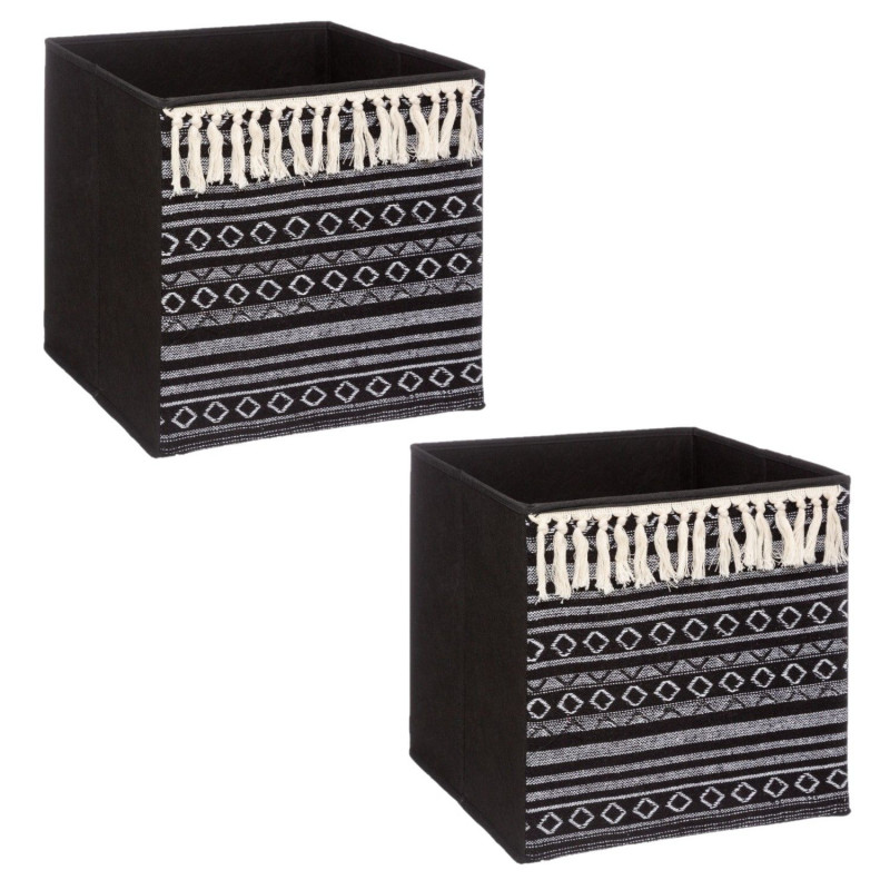 Lot de 2 boîtes de rangement à motifs ethniques MIX'N MODUL - L.31 x l.31 x H.31 cm - Noir