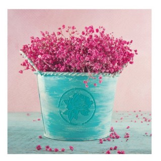 Toile imprimée Fleurs - 16 x 16 cm. - Seau bleu et petites fleurs