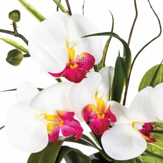 Composition florale vase blanc - Hauteur 44 cm - Orchidée fleur rose